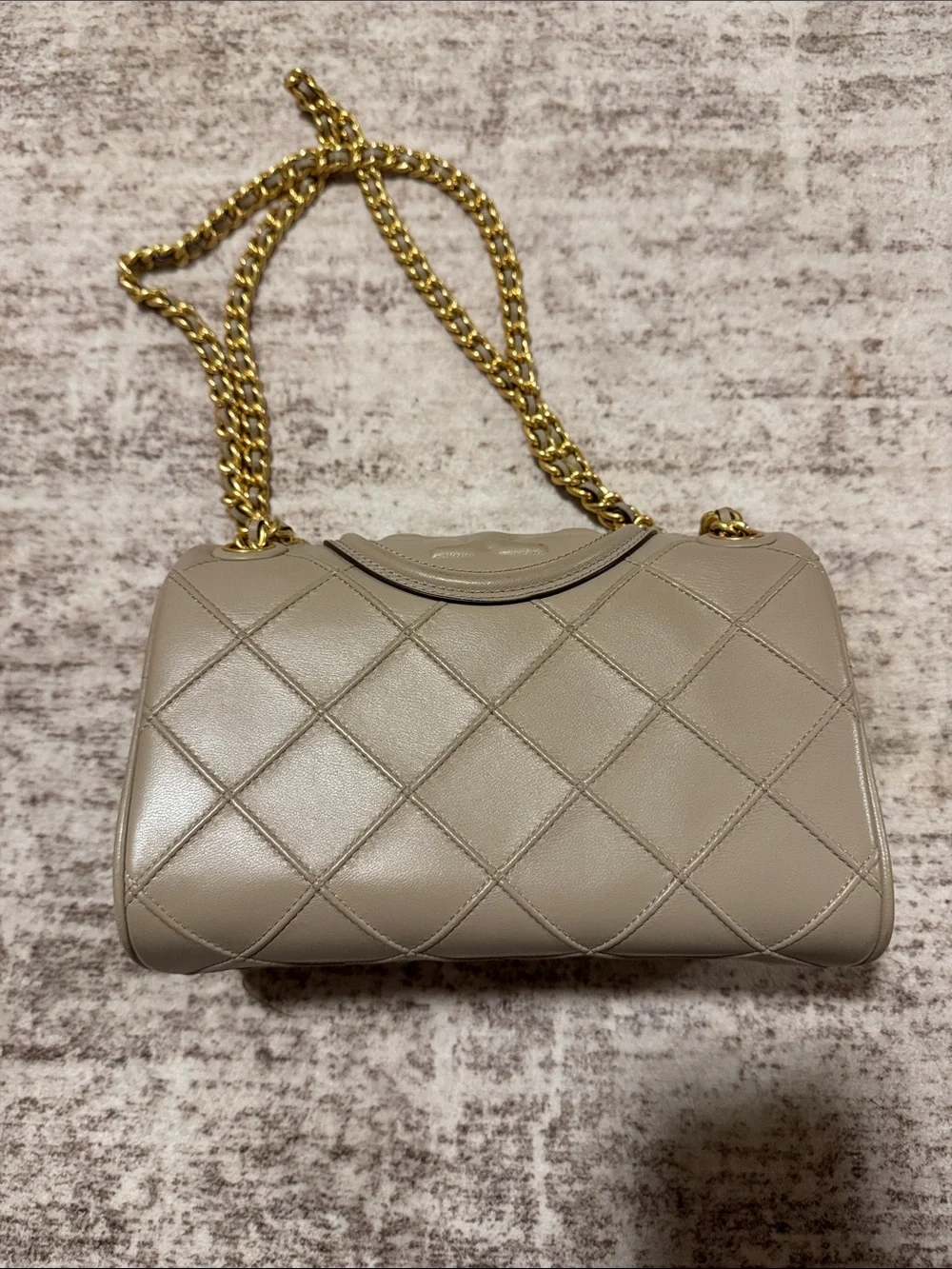 Tory Burch Quilted Taupe Leather Chain Shoulder Bag